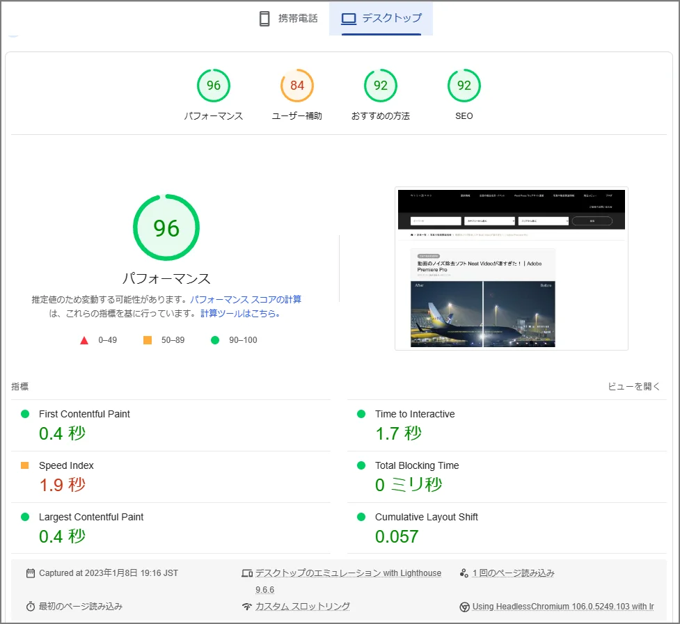 Pagespeed insightsのスコア