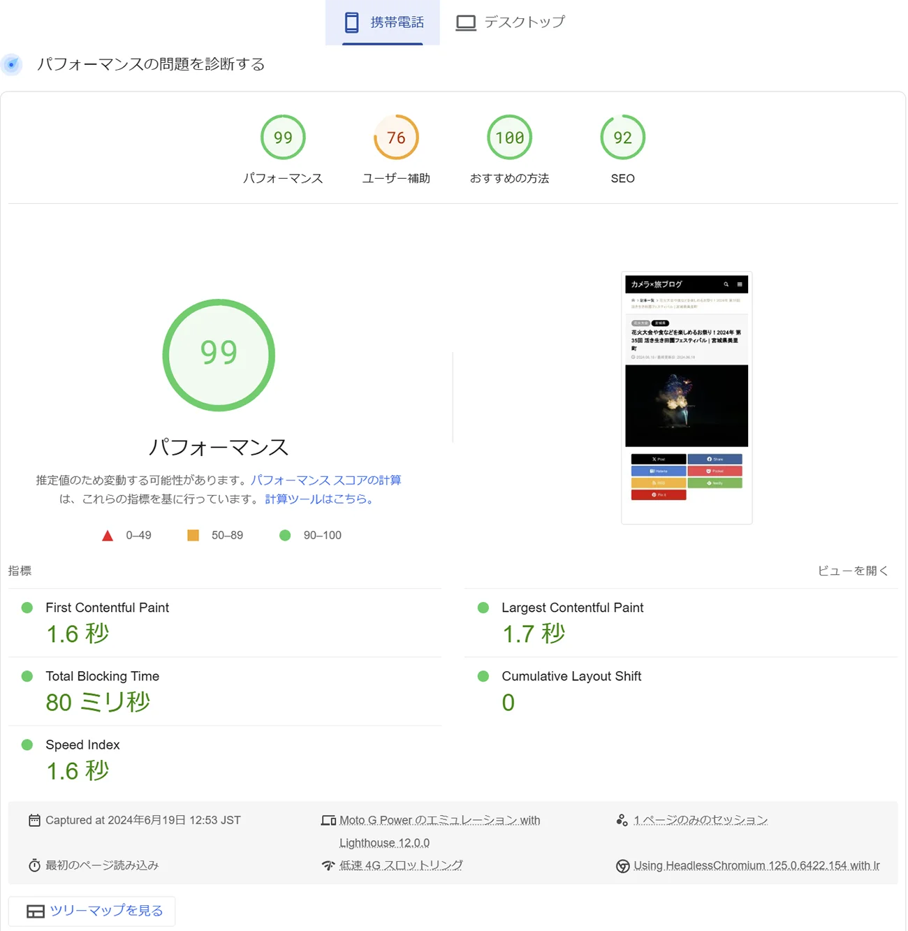 WP YouTube Lyte導入後のPageSpeed Insightsのスコア