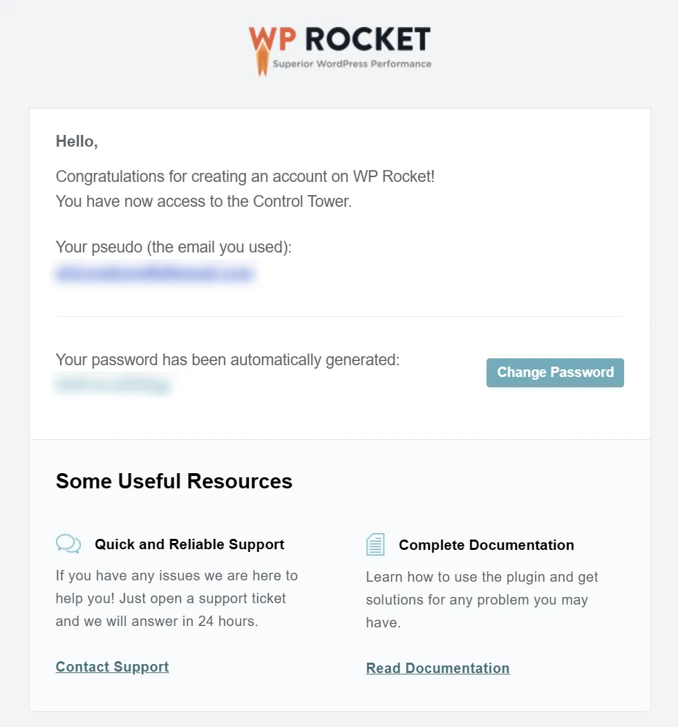 WP Rocketの購入時に登録したEメールアドレスとパスワードが記載されたEメール本文