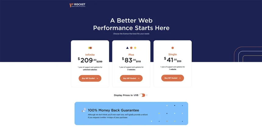 WordPressプラグインWP Rocketの購入ページと3つの料金プラン